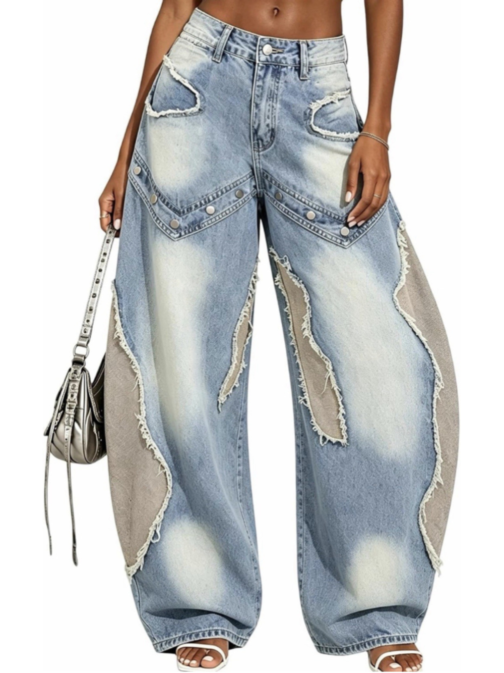 Women Distressed Patchwork Balloon Jeans Cargo Barrel Pants L